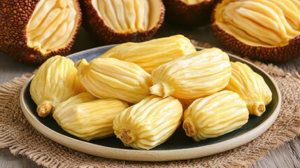 Fresh and Exotic Yellow Fruit on Plate with Natural Textured Background