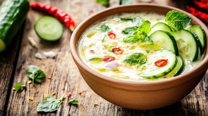 Fresh and Flavorful Cucumbers in Creamy Soup with Herbs and Chili