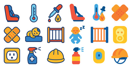 Collection of baby-related icons, including a thermometer, a bottle, a syringe, and a bandage