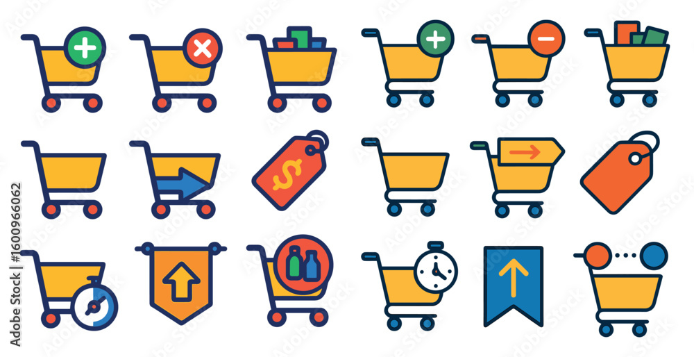 Poster set of shopping carts with a variety of symbols and icons. the carts are arranged in a grid, with so