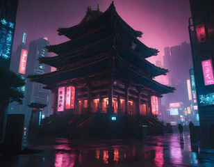 Cyberpunk temple, japanese abstract illustration, futuristic city, dystoptic artwork at night, 4k wallpaper. Rain moody empty future., night view of the temple