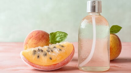 Fresh and Juicy Peaches with Glass Bottle on Pink Surface Background