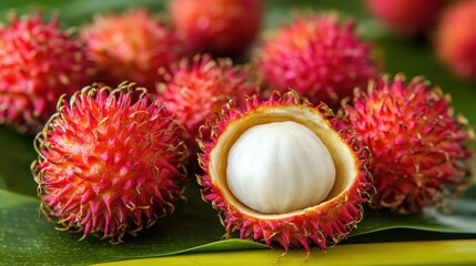 Fresh and Juicy Rambutan Fruit with Spiky Red Skin and White Flesh