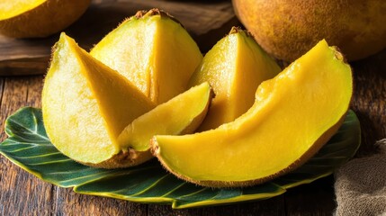 Fresh and Juicy Sapodilla Slices on Wooden Table with Tropical Leaf