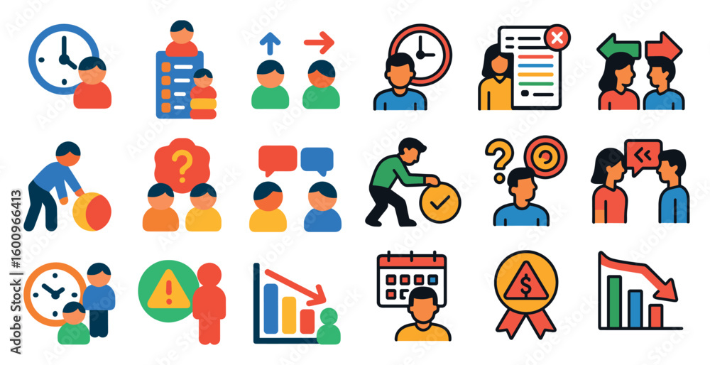 Poster collection of icons that represent different concepts and moods. the icons include a clock, a man wi
