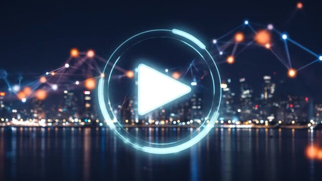 A glowing play icon hovers over a cityscape at night, connected by a network of lines and nodes, reflecting in water - Powered by Adobe
