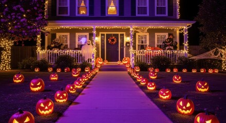 Enchanting Halloween Night Display of a Spooky House Entrance Lined with Carved Pumpkins and Twinkling Lights
