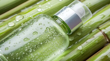 Fresh and Natural Essence in Clear Bottle Surrounded by Green Stems