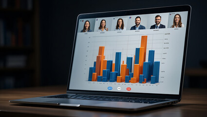 Laptop screen showing a video conference with a business graph and participants