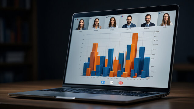 Laptop screen showing a video conference with a business graph and participants