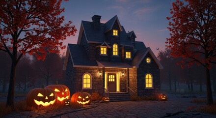Spooky Halloween Night With Jack O Lanterns At Haunted House
