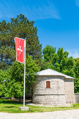 Wall and round tower of Biljarda, Billiard Palace, in Cetinje, Montenegro