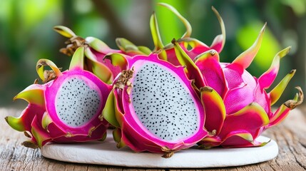 Fresh and Vibrant Dragon Fruit on a Wooden Surface