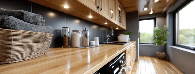 Fototapeta premium Laundry area features sleek black appliances, wood cabinets, and expansive windows bringing in natural light and outdoor views