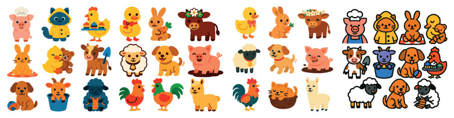 Collection of cartoon animals, including cows, pigs, and sheep. The animals are all different sizes and colors, and they are arranged in a row. Scene is playful and lighthearted