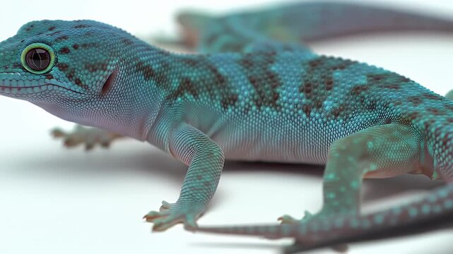 Vibrant Turquoise Dwarf Gecko Lygodactylus Williamsi Close Up on White Background
