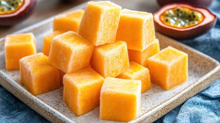 Fresh and Vibrant Orange Cubes of Frozen Passion Fruit Delight