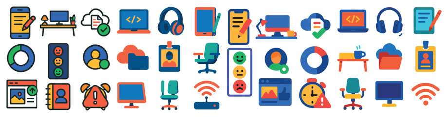 Row of icons with a variety of colors and shapes. The icons include a clock, a laptop, a cell phone, a computer monitor, a chair, a keyboard, a mouse, a book, a cup, a person