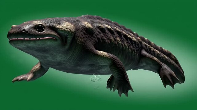 Ancanthostega Gunnari Tetrapodomorph Extinct Animal with Dark Brown Body on Isolated Green Screen Backdrop