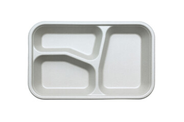 a white tray with a divided section of food