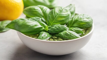 Fresh Basil Leaves in Olive Oil with Lemon on a Light Background