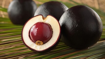 Fresh Black Sapote Fruit Cut Open on Green Palm Leaves Background