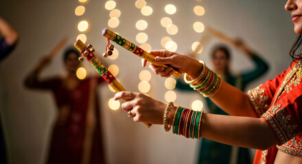 Close Up of Woman's Hands Holding Dandiya  Sticks  with Blurred Background with Bokeh Lights