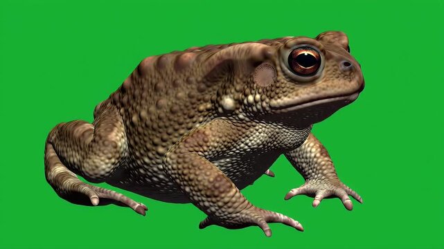Brown European Common Toad Bufo Bufo on Isolated Green Screen Showing Warty Skin and Bulging Eyes in Detailed Close Up Studio Shot