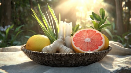 Fresh Citrus and Herbal Ingredients in a Natural Setting