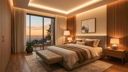 Fototapeta premium Luxurious modern bedroom with sunset view and ambient lighting