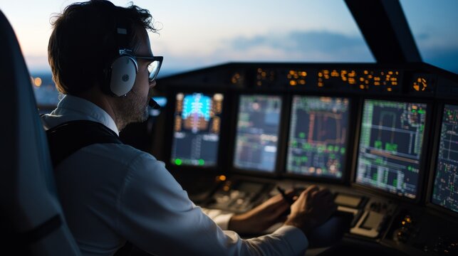 engineer analyzing flight data on multi-screen workstation