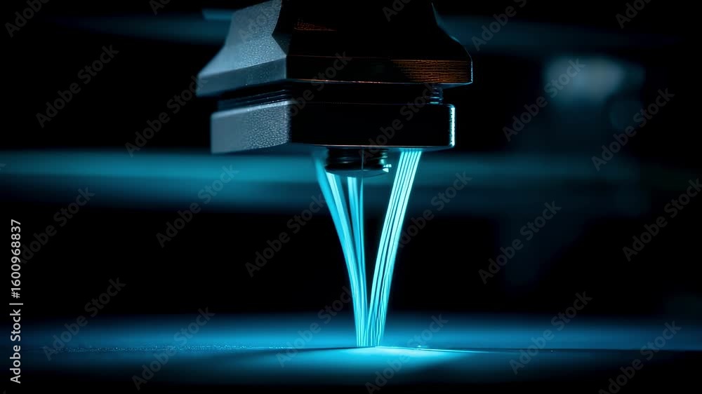 Poster extruding multiple filaments of plastic from an industrial 3d printer, creating a physical object la