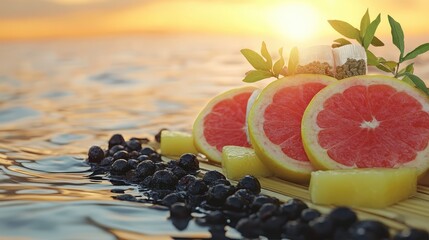 Fresh Citrus Fruit on Water Surface with Sunset Background