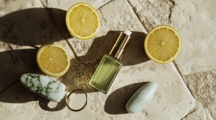 Fresh Citrus Essence with Perfume Bottle and Natural Stones
