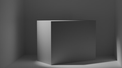 Gray rectangular object in empty room with soft light and shadows, minimalist 3D background for presentations