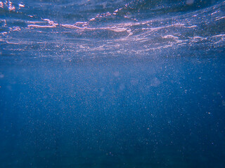 Naklejka premium Air bubbles underwater rising to water surface, natural scene, bubbles under water, bubble undersea, sea in crystal clear green water. Real image very suitable for backgrounds, Great for background.