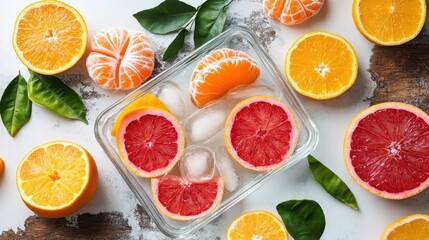 Fresh Citrus Fruits with Ice in a Bowl Surrounded by Leaves