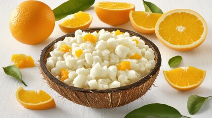 Fresh Coconut Bowl with Orange Segments and Green Leaves Decor