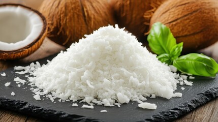 Fresh Coconut Flakes with Sea Salt and Green Basil Leaves on Slate