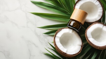 Fresh Coconut Shells with Jar on Green Tropical Leaves Background