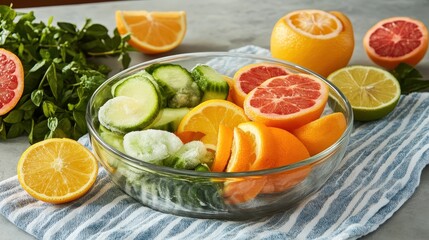 Fresh Colorful Fruit and Vegetable Medley in a Clear Bowl