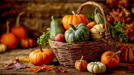 basket full of fresh organic pumpkins apples and gourds on rustic wooden table