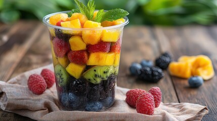 Fresh Colorful Fruit Salad in Clear Cup on Wooden Table Background