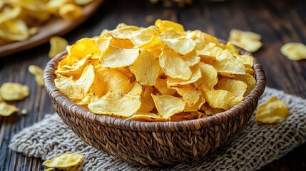 Fresh Crispy Potato Chips in Woven Basket on Wooden Table