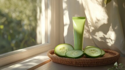 Fresh Cucumber Skincare Tube on a Rustic Wooden Surface