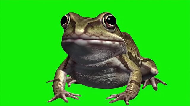 European Common Frog Rana Temporaria Front View Isolated on Green Screen Under Studio Lighting
