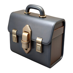3D Retro Black Leather Briefcase with Brass Hardware and Minimalist Design on transparent background