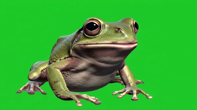 Green Frog Detailed Animation on Isolated Green Screen Close Up High Angle Bright Lighting Plain Background Animal Amphibian Wildlife Nature Macro Texture Skin