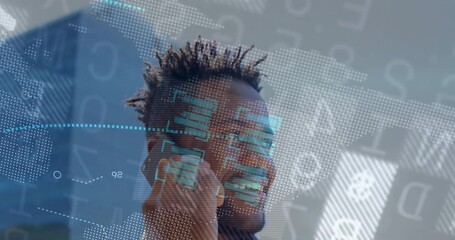 Businessman holding smartphone to ear processing good news with floating charts fading and smiling - Powered by Adobe