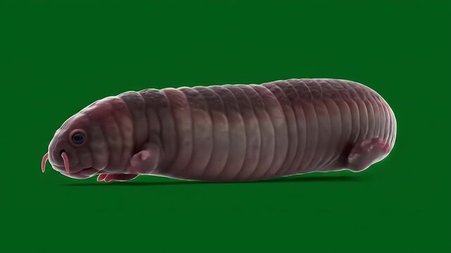 Isolated Velvet Worm Onychophora on White Backdrop Exhibiting Reddish-Brown Cylindrical Body and Short Legs Under Even Lighting